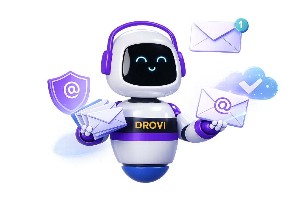 Asistente robot de Drovitech gestionando correos corporativos